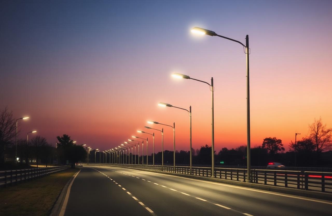 LED street lighting at dusk